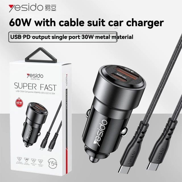 Yesido car 60W self-belt charger fast charger QC3.0 car PD30W dual-port fast charger car charger one drag two 1
