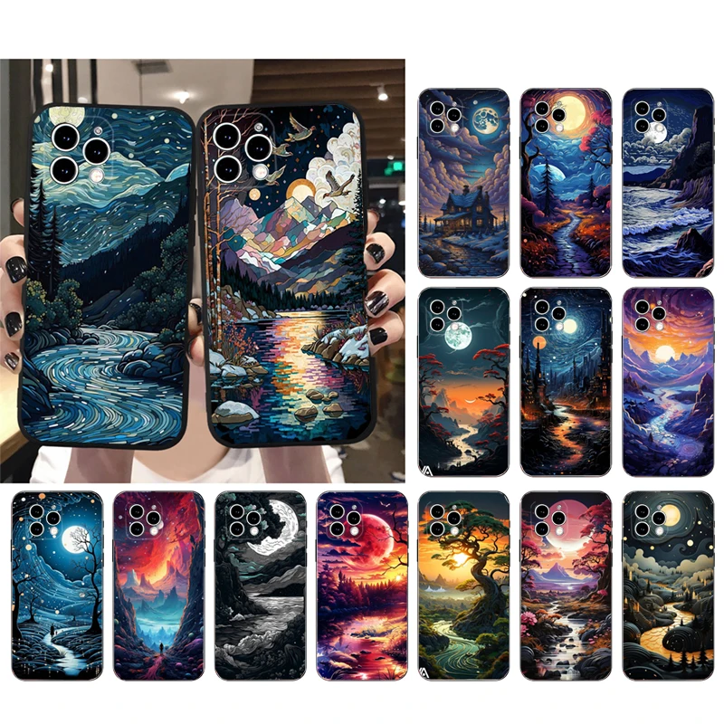 

Moon Night Landscape Phone Case For iphone 15 14 Pro Max 13 12 11 Pro Max XSMax XR 12 13 mini 14 Plus Shell