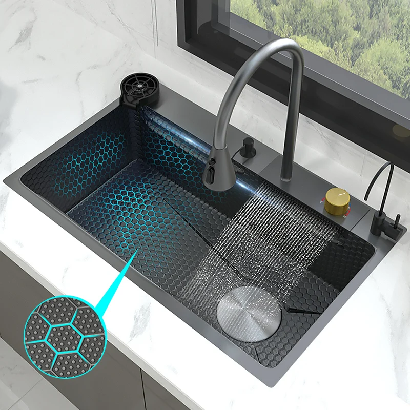 Stainless Steel  Waterfall Kitchen Sink Large Single Slot Digital Display Faucet Set Cup Washer Vegetable And Dishwashing Sinks 5