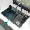 Stainless Steel  Waterfall Kitchen Sink Large Single Slot Digital Display Faucet Set Cup Washer Vegetable And Dishwashing Sinks 5
