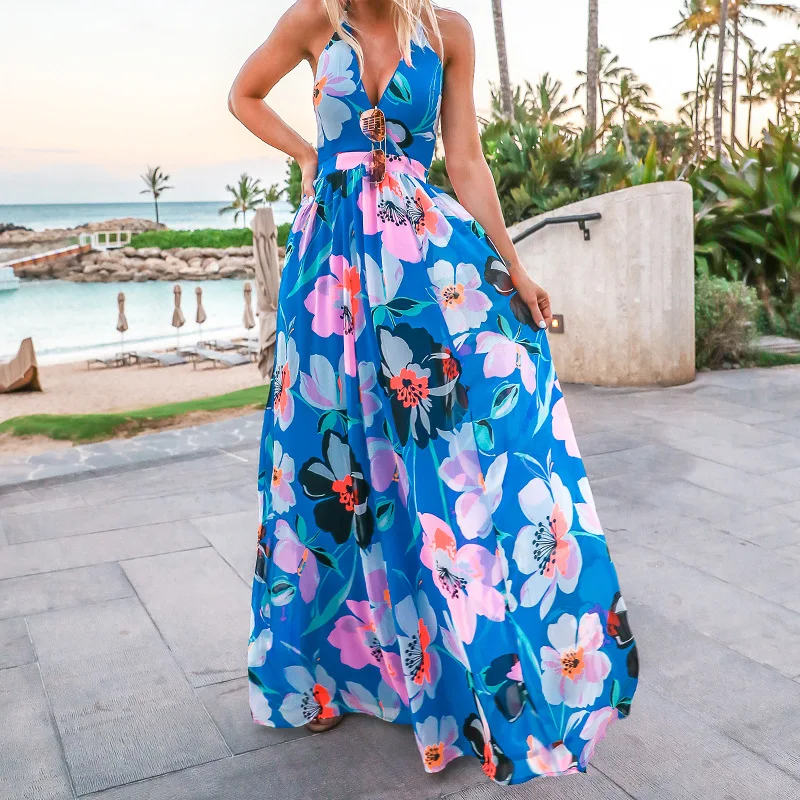 

Summer Spicy Girl Photo Hanging Neck Print Flare Printed Beach Dress