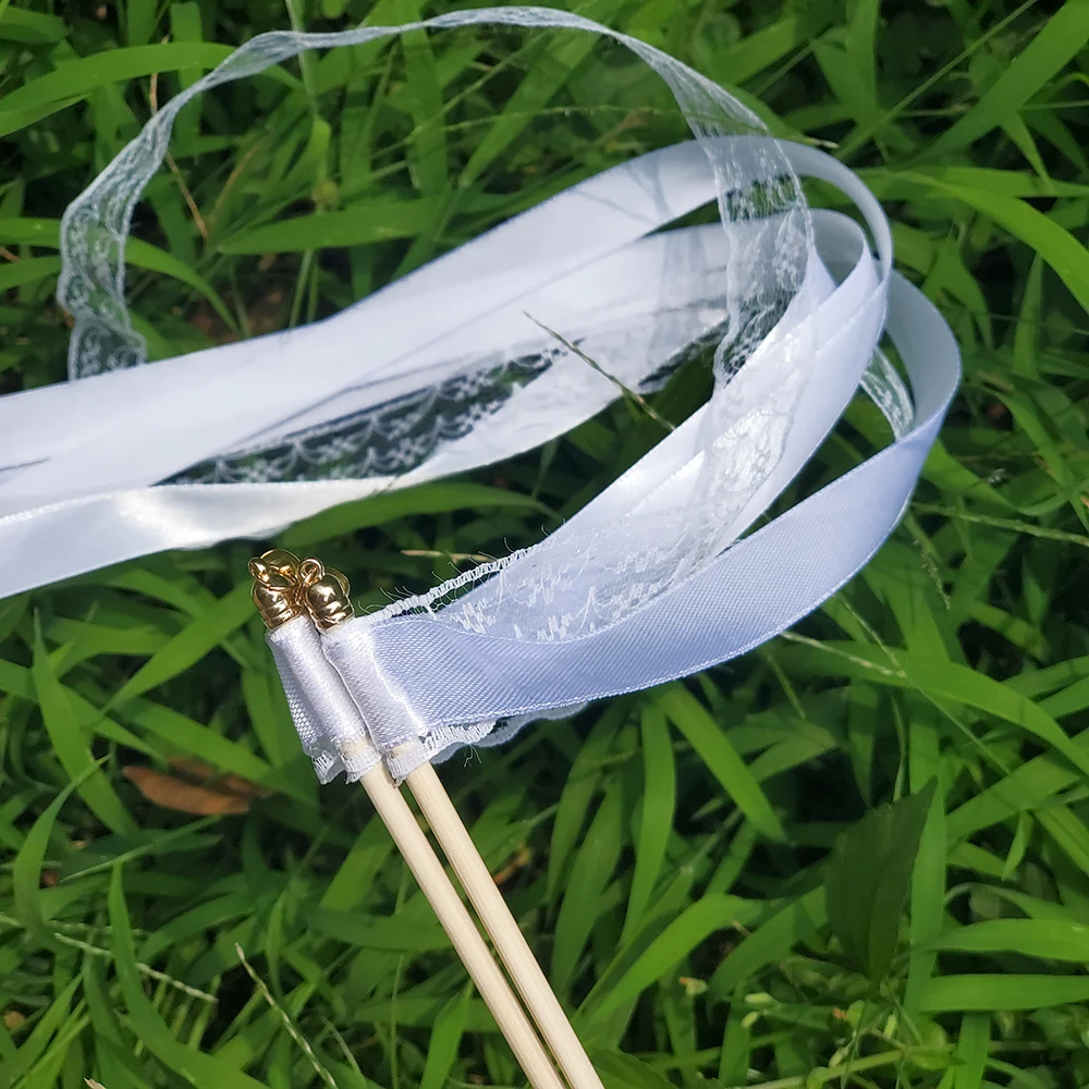 Wedding Ribbon Wands White Ribbon Wands Fairy Sticks Wedding Twirling Lace Streamers Golden Silver Bell Party Cheering Prop Favor