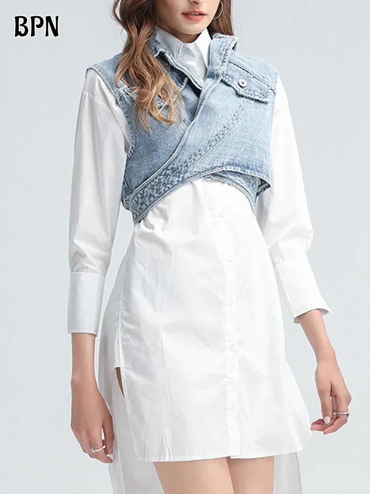 BPN Asymmetrical Denim Coat For Women Lapel Sleeveless Hollow Out Spliced Lace Up Slim Crisscross Short Tops Female Clothing New