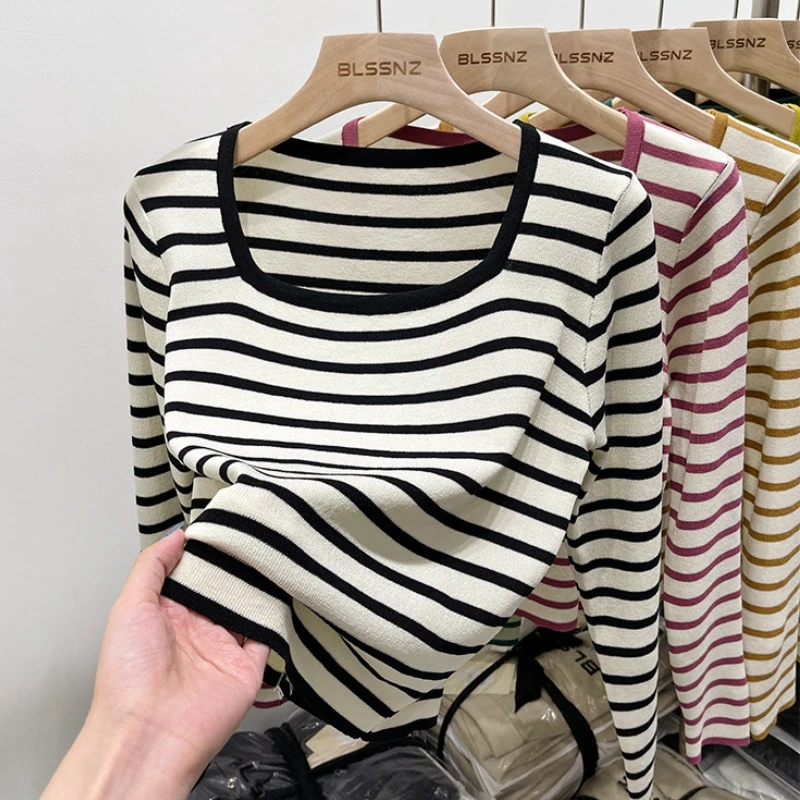 

Женская трикотажная футболка с длинным рукавом, универсальная Базовая рубашка в полоску с квадратным вырезом, Модный облегающий женский топ, новинка 2024