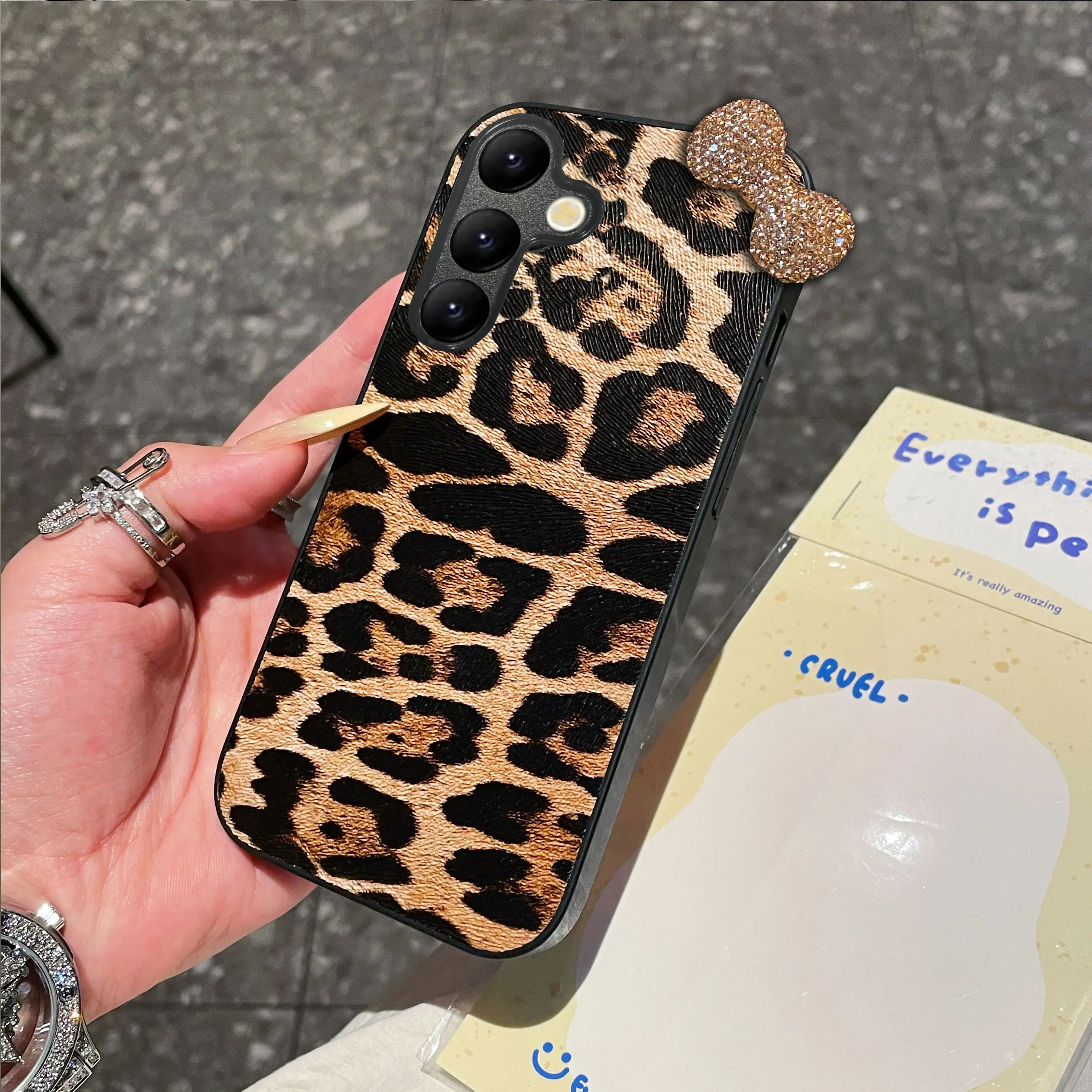 Luxury Leopard Leather 3D Diamond Bowknot Bling Phone Case Cover