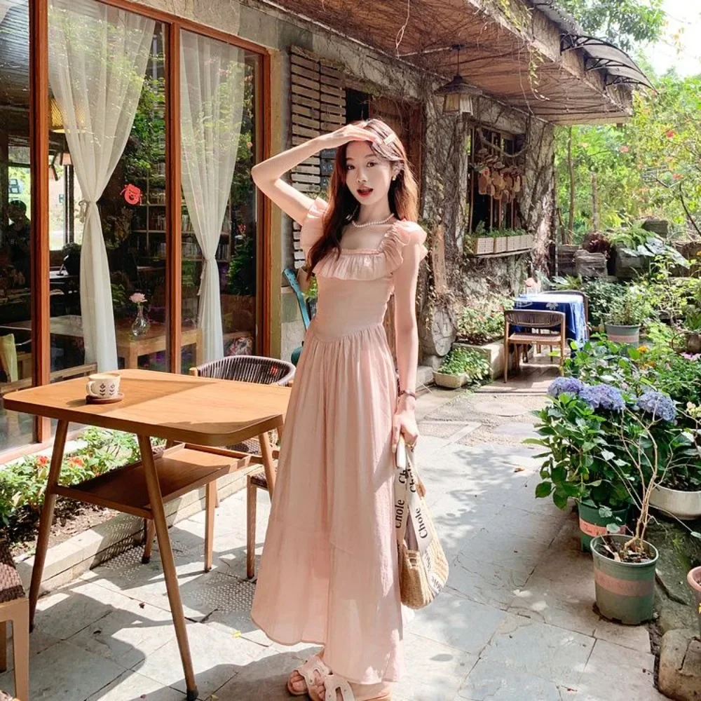 

Pink Ruffle Dress New French Square Neck Small Flying Sleeve Skinny Long Dresses Women Gentle Style Fashion Women 2024