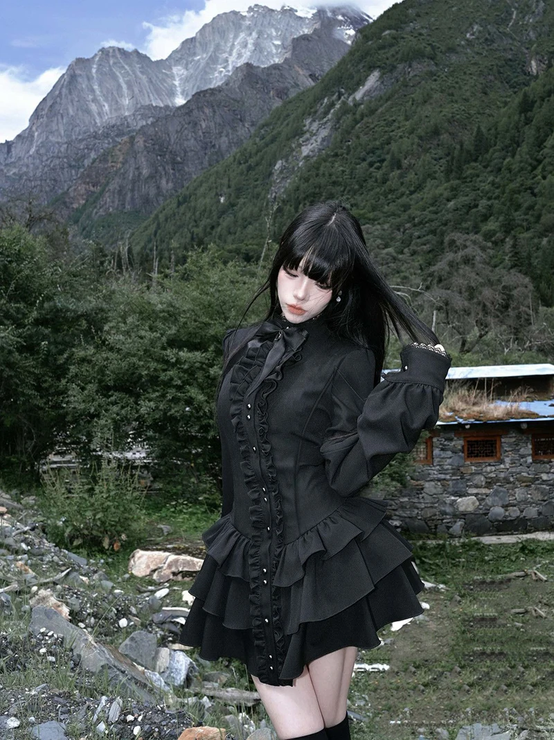 Y2K Lolita Dress - Gothic Mini Patchwork Lace Vintage Black Ruffle Slim Fit