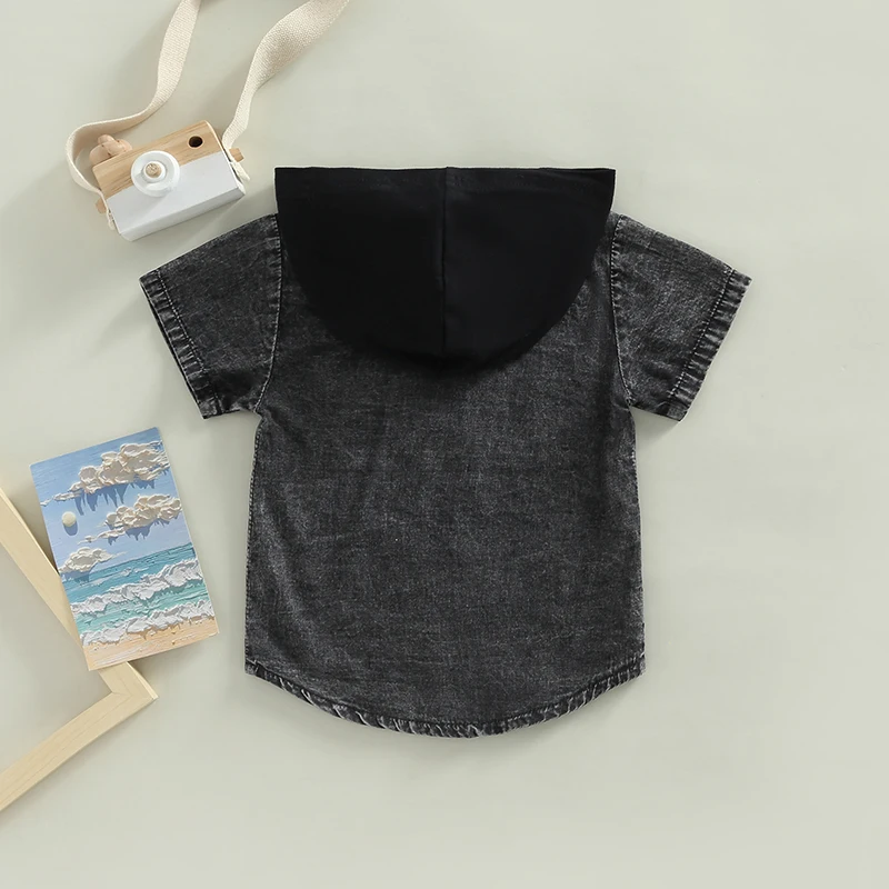 Boys Short Sleeve Hooded Shirt with Button Closure and Pockets Summer Top for Casual Daily Wear Kids Fashion Trend