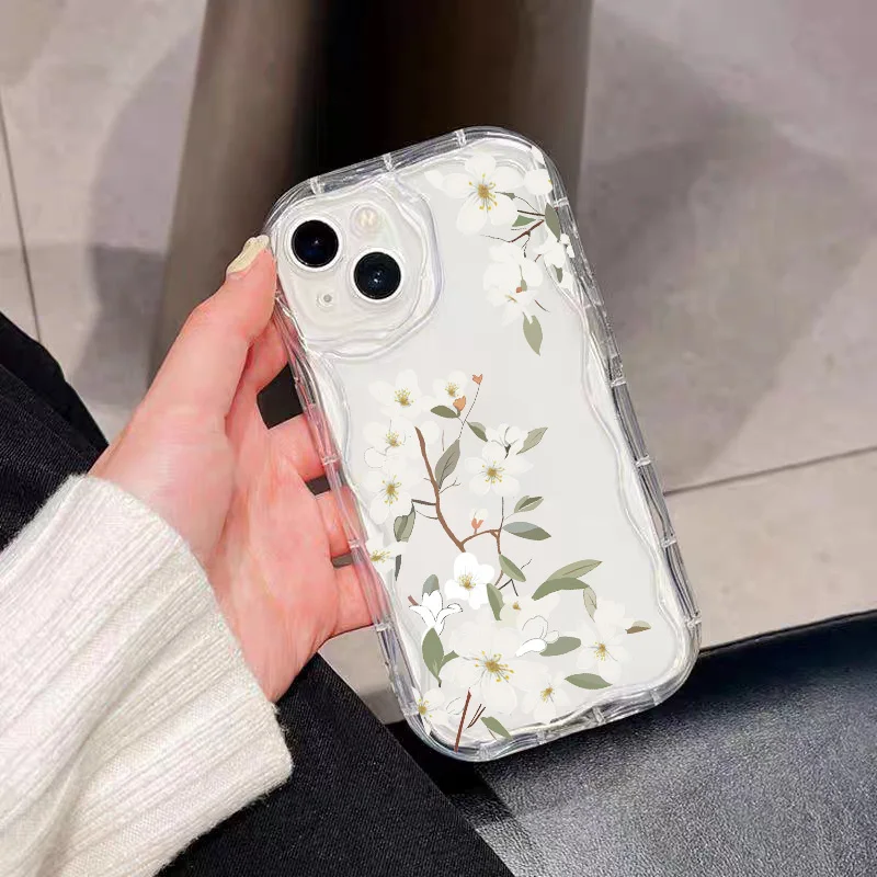 Charming Floral Green Leaf Pattern Phone Case with Wave Shell Design