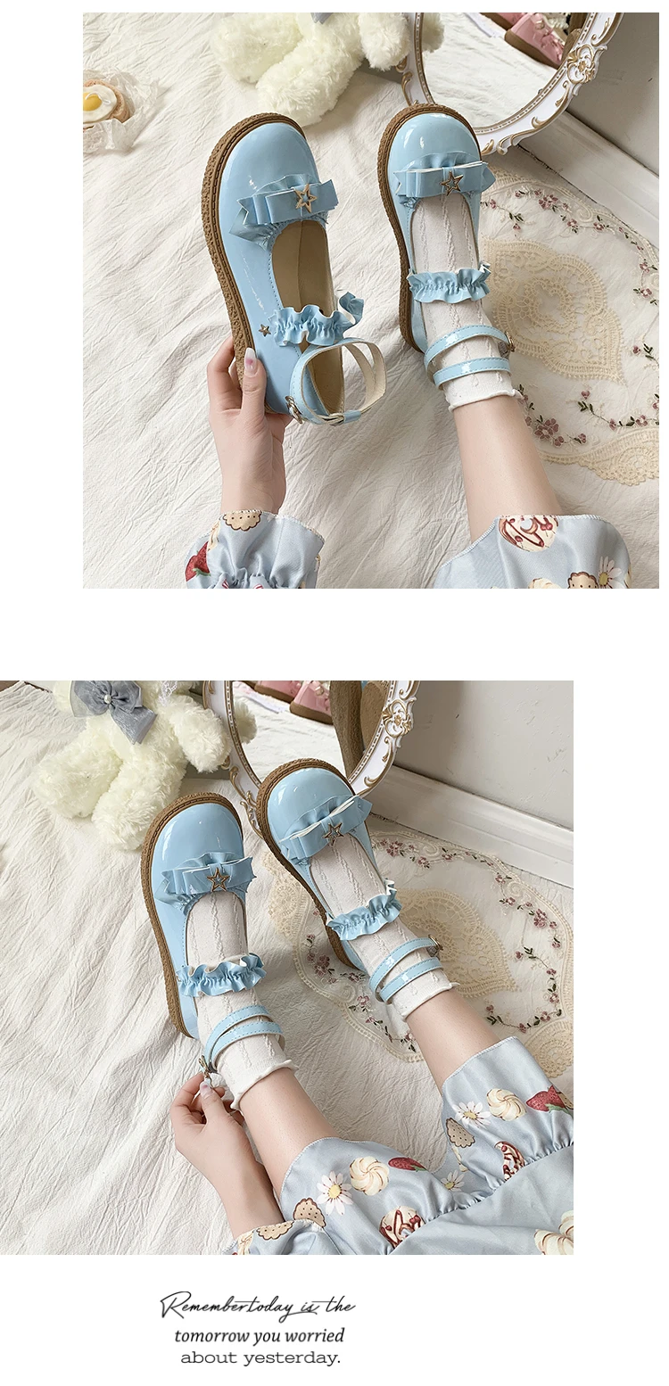 Lolita Shoes 2022 New Sweet Bow Buckle Strap Sexy Shoes Woman Solid Color Patchwork Lace Flat Platform Fashion Mary Jane Shoes