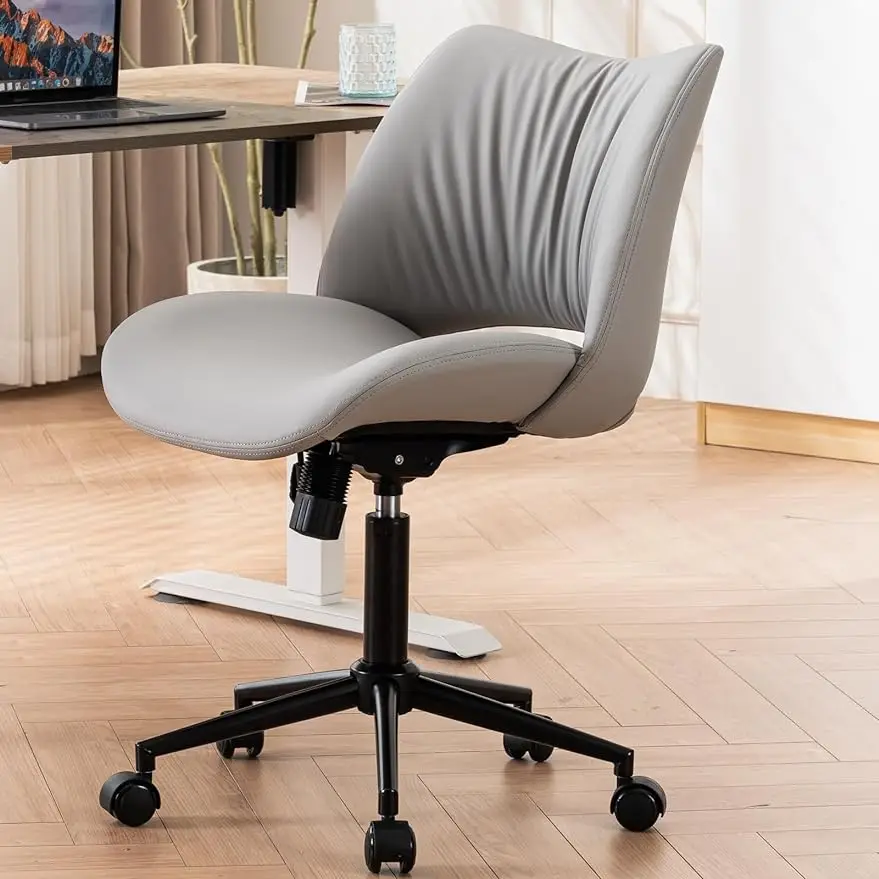 

YOUTASTE Ergonomic Home Desk Chair Leather Office Chair Swivel Rolling Task ChairNo Arms Vanity Chair of Adjustable Height
