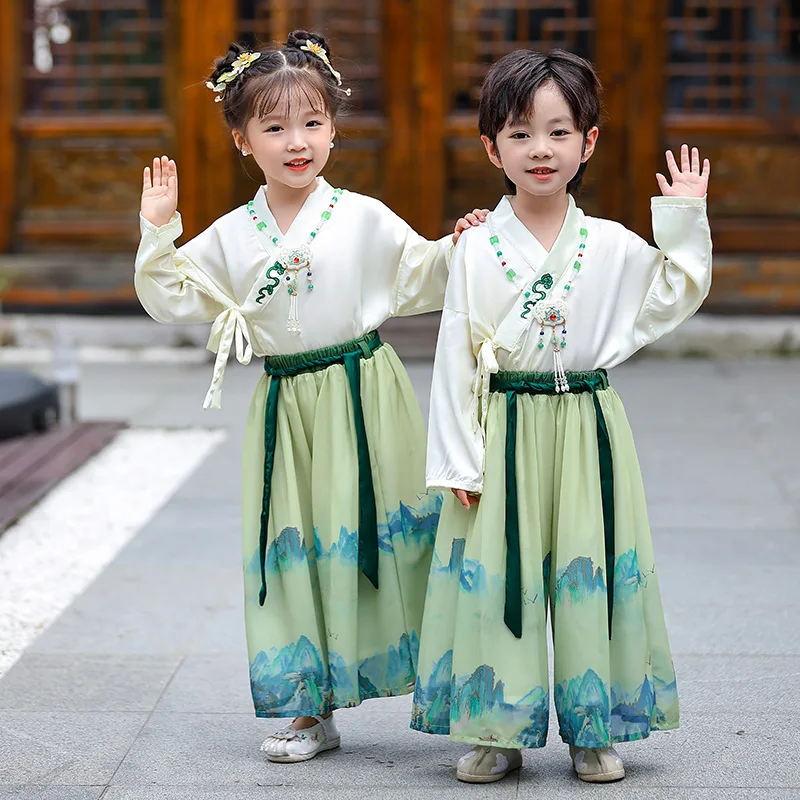 

Children Hanfu Two-piece Elegant V-neck Chinese Landscape Printed Hanfu Skirt Classic Retro Ethnic Clothing