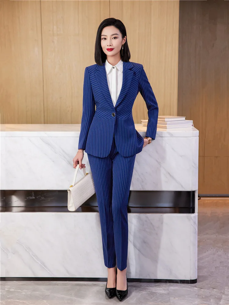 Formal Pant Suit for Women Long Sleeve Blazer and Trousers Blue Striped  Suit Office Business Work Wear Lady Fashion 2 Piece Set