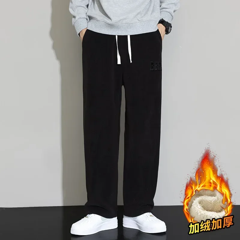 Winter Men's Fleece Embroidered Slacks Multifunctional Outdoor Windproof Cargo Pants Men's Warm Straight-leg Trousers