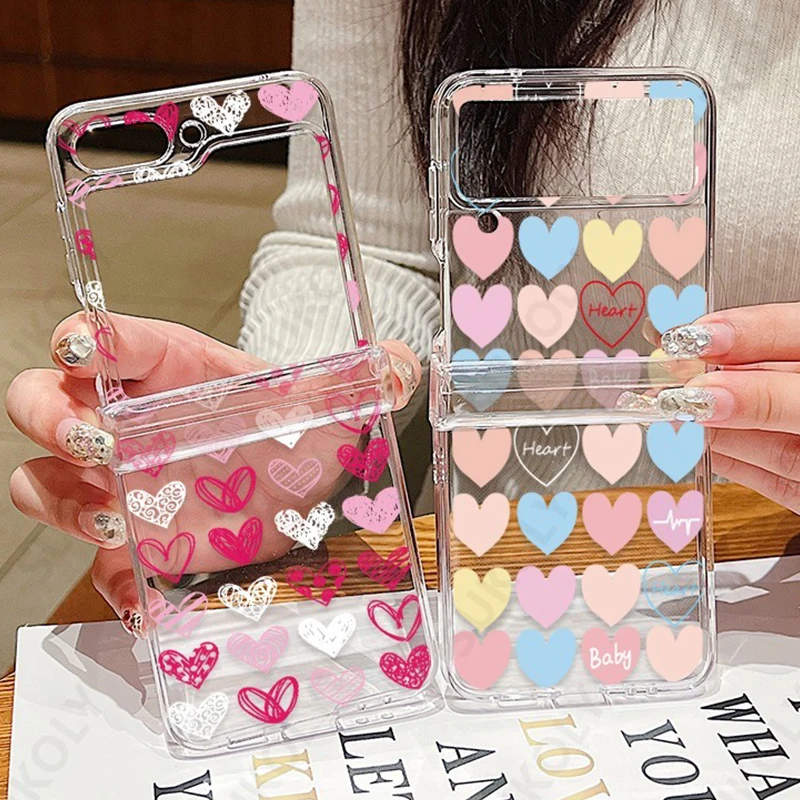 Love Heart Pattern Transparent Hard PC Folding Back Cover for Samsung Galaxy Z Flip Series
