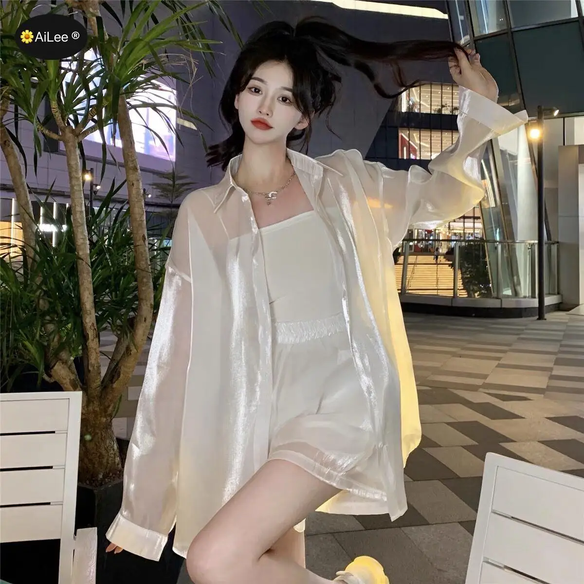 Reflective Teen Girl Blouse Set Fashion Holographic Long Sleeve Tops Shirt Casual Loose Shorts Suits Women Outfits Streetwear