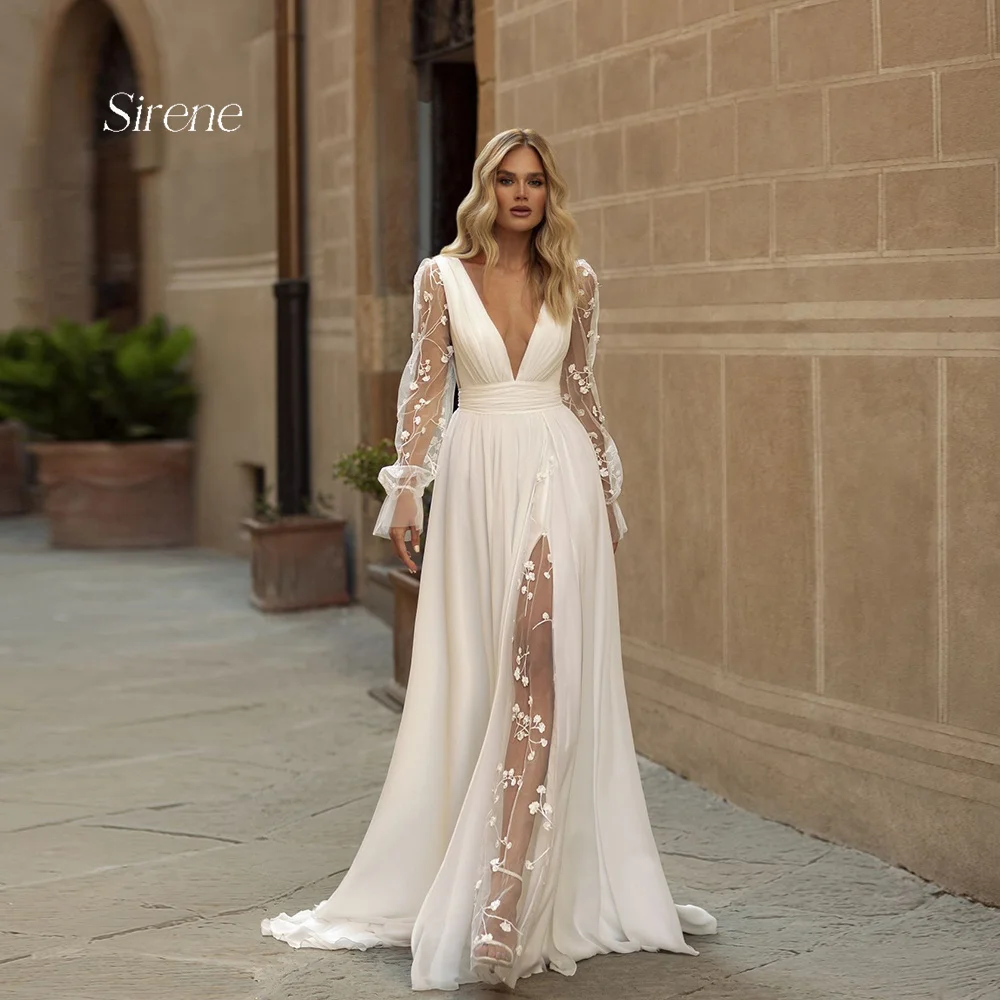 Sirene Beach Lace Applique Chiffon Wedding Dresses High Side Slit A-line V-neck Backless Bride Gown Vestido De Novia Custom Made lace boho wedding dresses for bride v neck backless cap sleeve a line chiffon beach bridal gowns plus size vestido de noiva