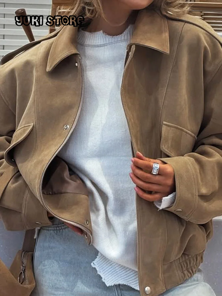 Chic Suede Bomber Jackets Women Loose Lapel Zipper Long Sleeve Pockets Female Coats 2025 Autumn Lady Commute Outwear New 1