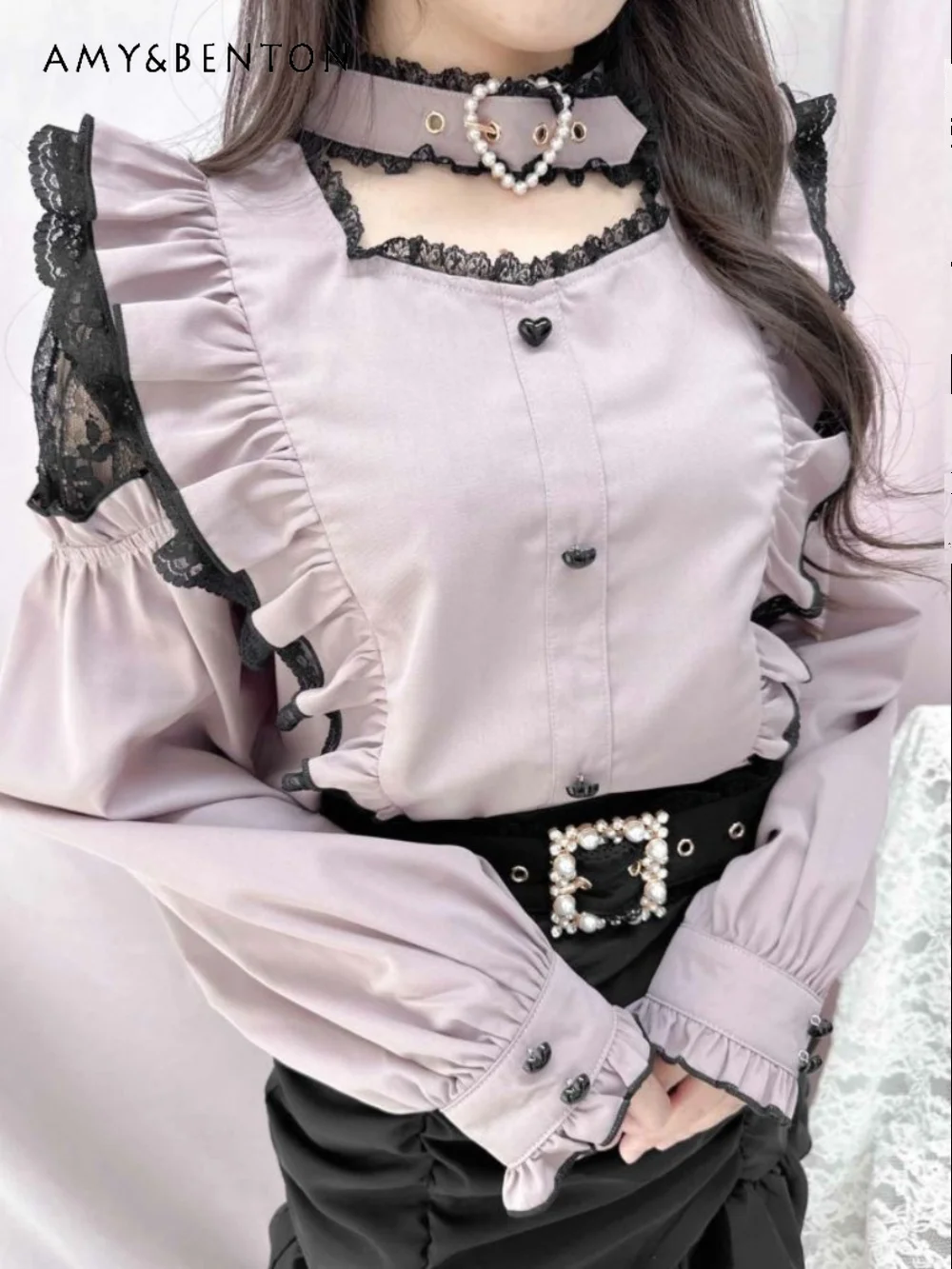 

Japanese Mine Mass-Produced Camisas De Mujer Sweet Cute Heart Buckle Ruffled Long Sleeve Shirt Spring New Lolita Womens Tops