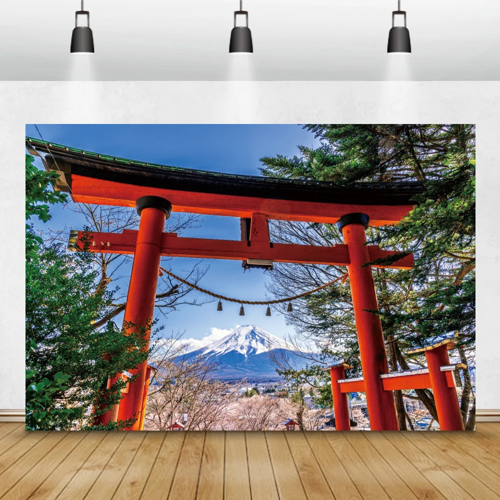 Photo Backdrop Laeacco Mount Fuji Pink Cherry Blossoms Japanese Torii Shrine Natural Scenery
