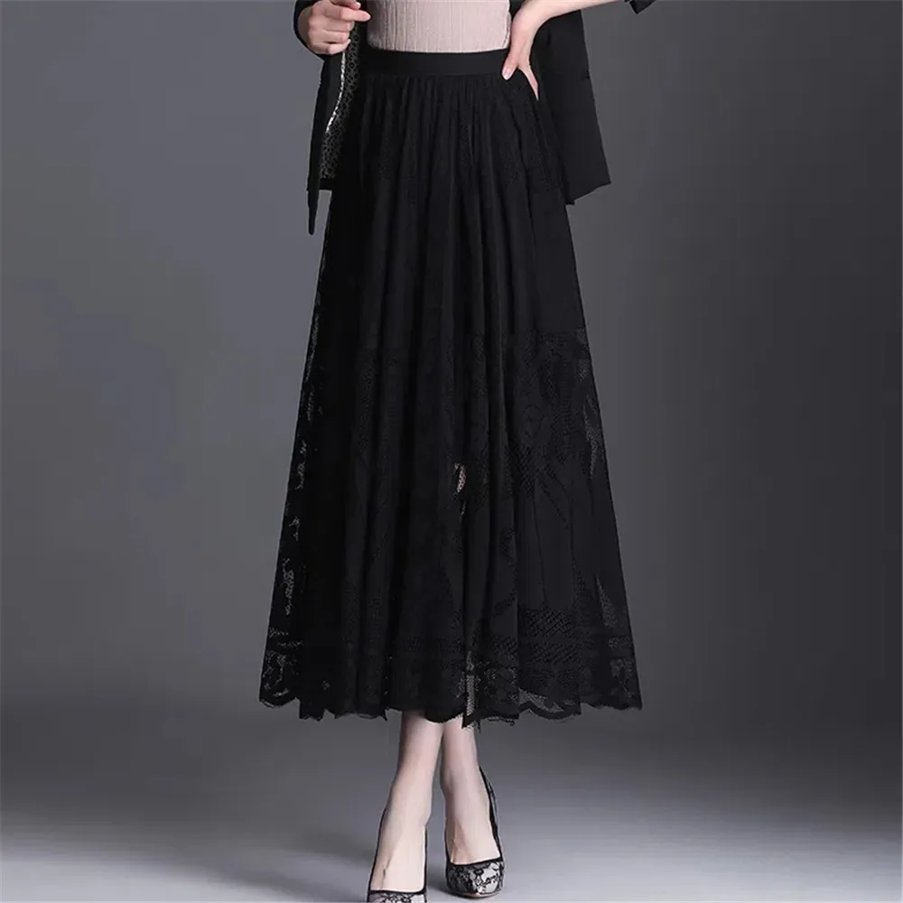 Black Lace Ruffles Tulle Skirt Women\'S Autumn Winter New A-Line Long Skirt Office Ladies Big Swing Gauze Hollow Pleated Skirt