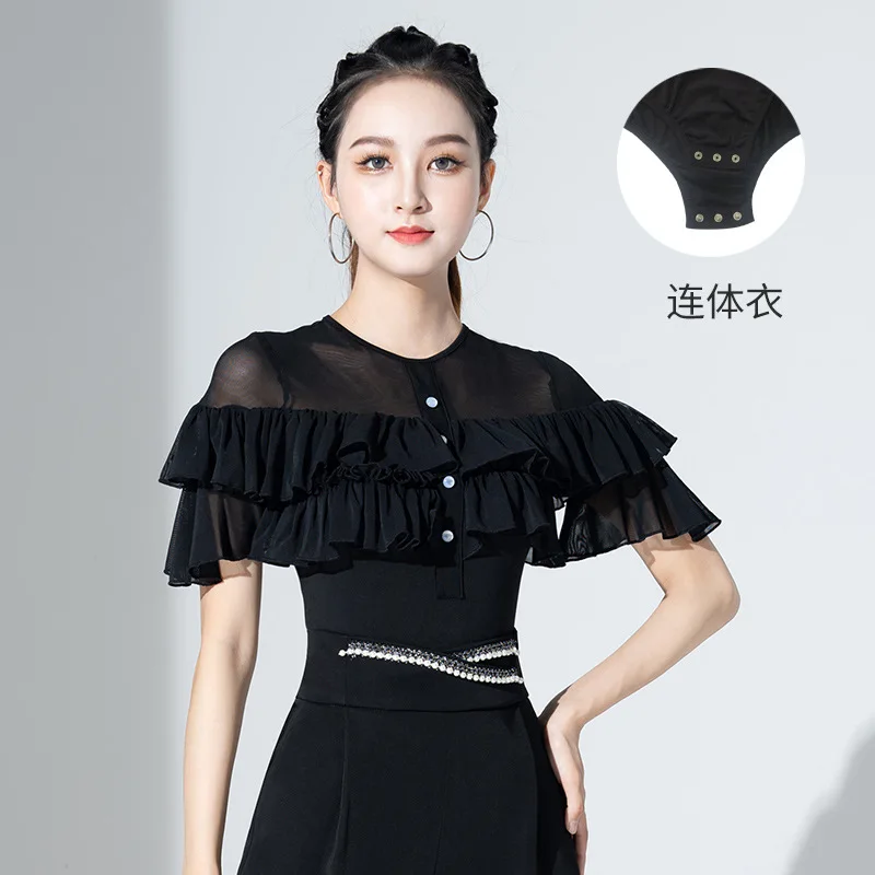 

2023 NEW Adult Women International Ballroom Costume Modern Latin Dance Top Lady Sexy Mesh Sleeve Fabric Girls Dancewear Black