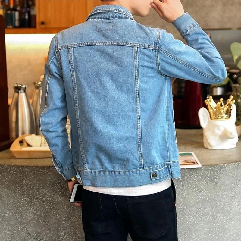 Cotton Denim Jacket Men Casual Solid Color Lapel Single Breasted