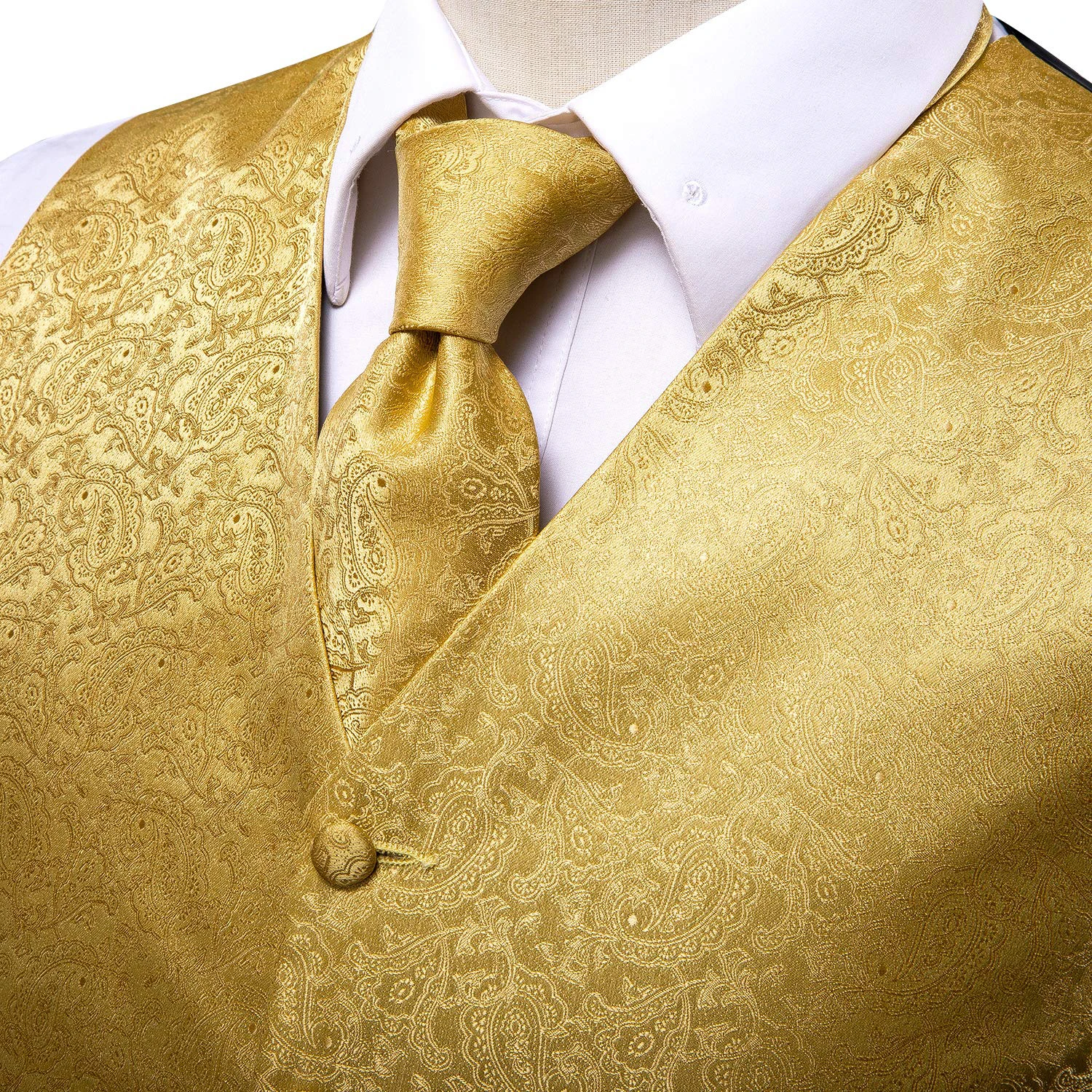 Hi-Tie Gold Mens Vest Silk Tie Hanky Cufflinks Set Wedding
