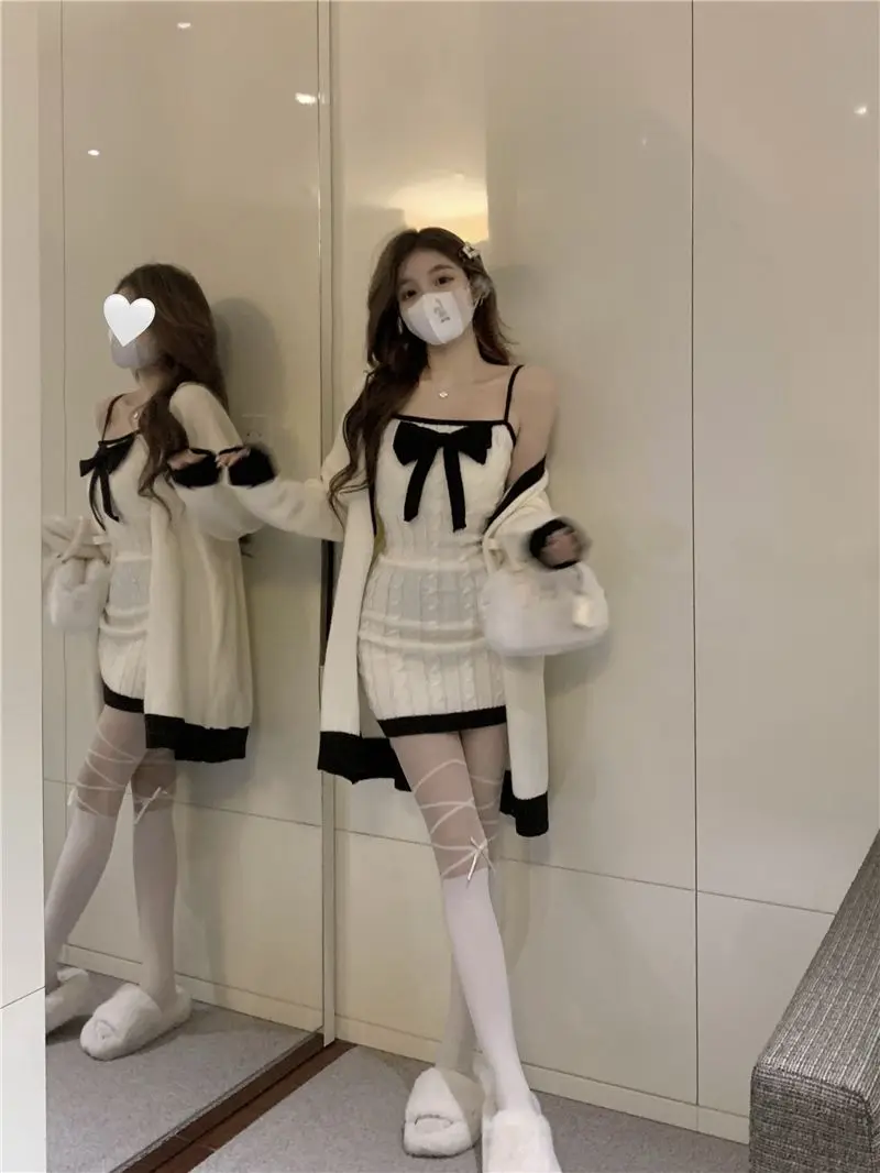 Elegant Knitted Two-Piece Set Women Bow Designer Sweet Party Dress Set Female Korean Style Sweater Mini Dress Suit Winter