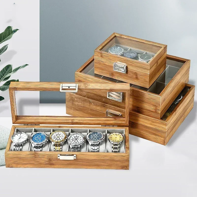 Retro 3/6/10/12 Girds Bamboo Watches Storage Clock Box Watch Holder Organizer Watch Display Woodiness Box for Handmade Festive watch storage box