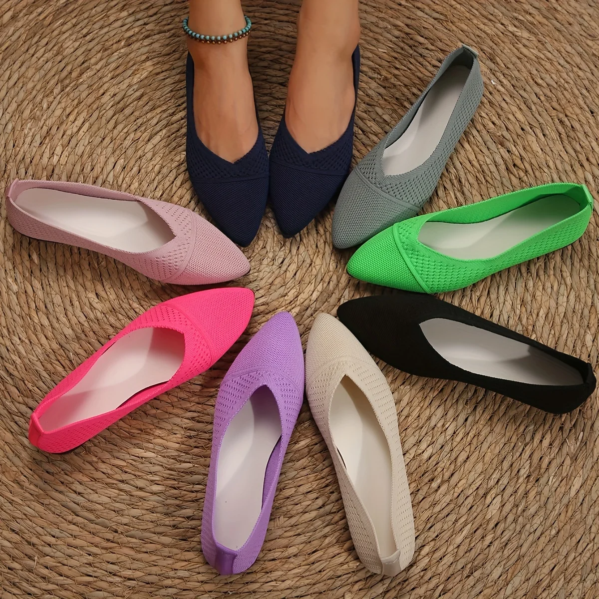 Women's Pointed Toe Flat Shoes Solid Color Knitted Slip on Ladies Shoes Casual Breathable Ballet Women Flat Shoes Loafers Women