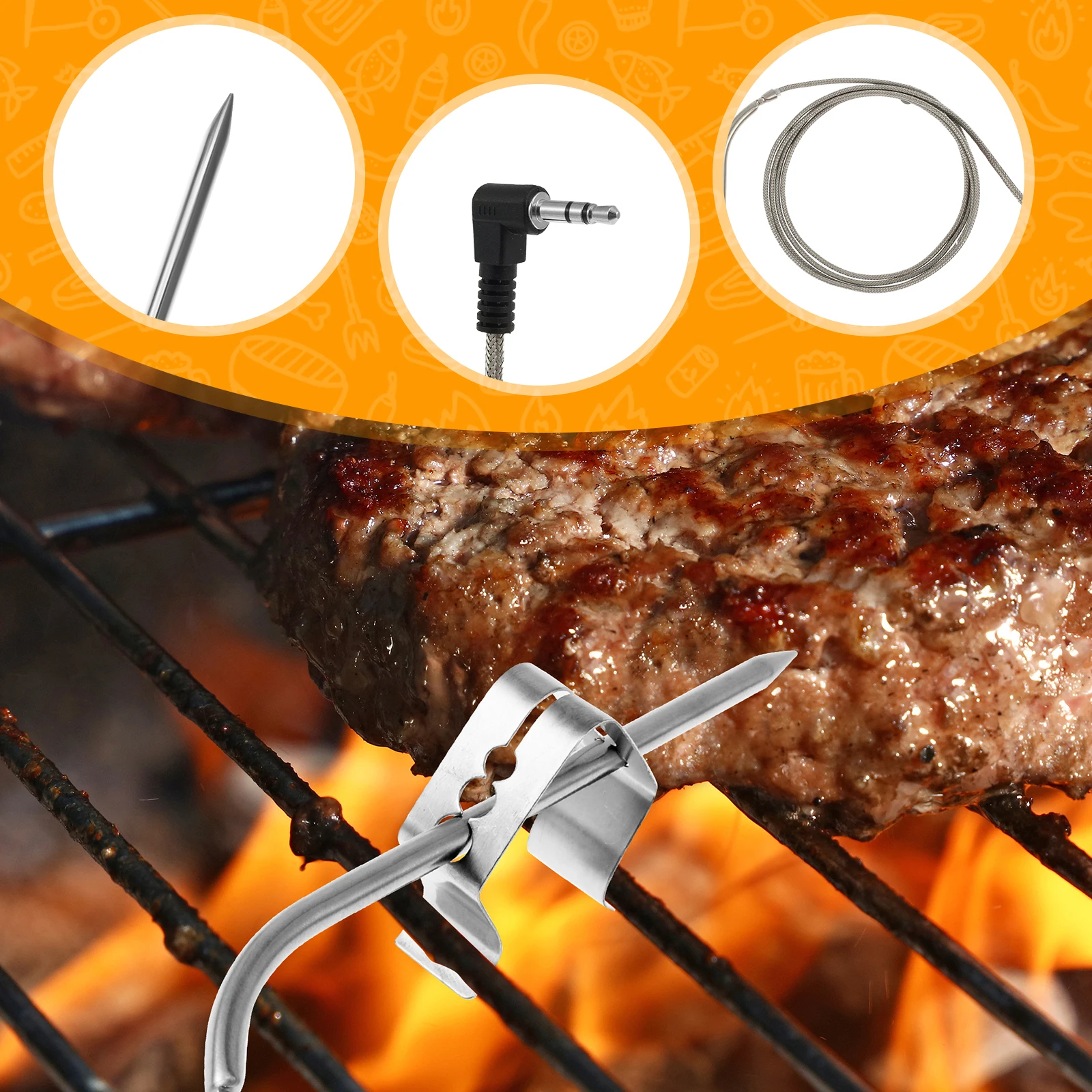 Replacement Meat Probe with Probe Clips Stainless Steel Plug Temperature Precise Meat BBQ Tool 2Pcs