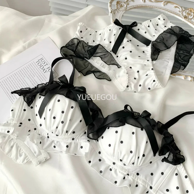 Niedliches BH-Set mit Schleife und Punkten für Damen – Bügelloser Push-up-BH für kleine Oberweite, bequemes Spitzenunterwäsche-Set (2-teilig)_voghion.com