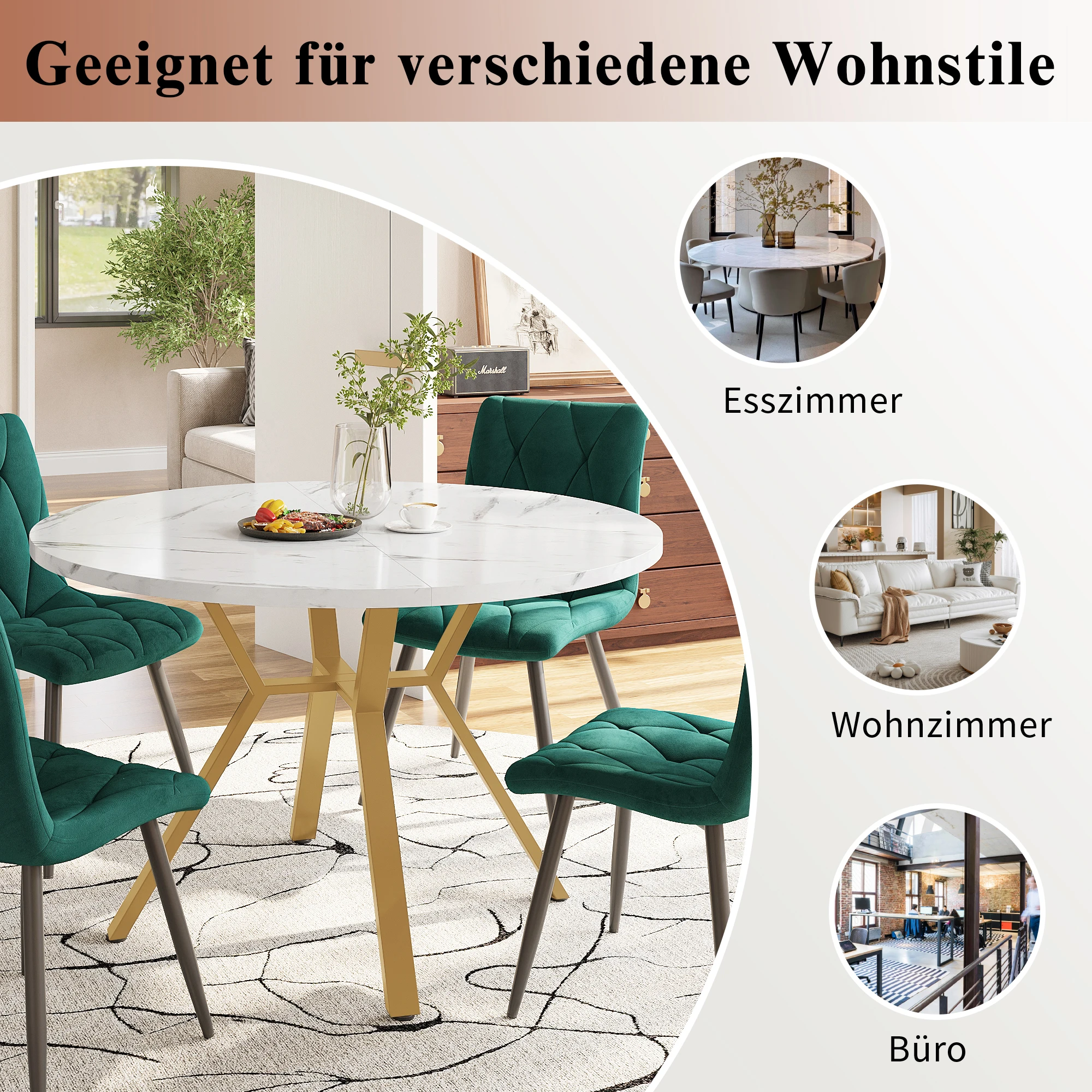 Moderner und einfacher runder Marmor-Esstisch (Durchmesser 1 m), X-förmiger Couchtisch mit Metallhalter, stabil und langlebig – Detail 2