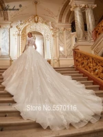 Alonlivn Luxury Crystal High Collar Full Sleeves Ball Gown Wedding Dresses Beading Pearls Lace Royal Train Bridal Gowns 2