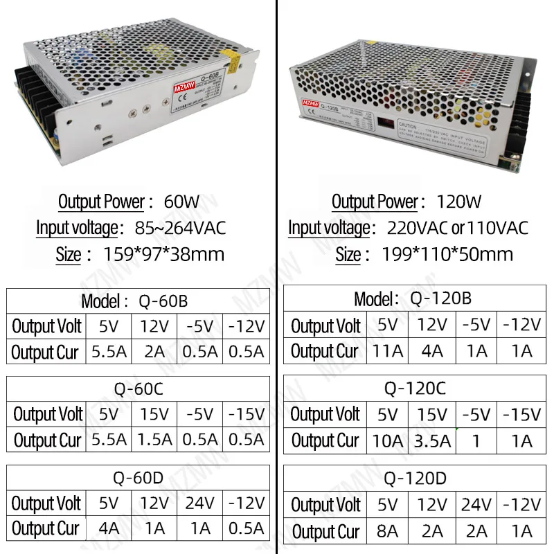 MZMW 쿼드 출력 전원 공급 장치, LED 스트립 드라이버 트랜스포머용, 4 방향 AC-DC SMPS Q-60B Q-60C Q-60D, 60W, 5V, 12V, 24V -5V -12V