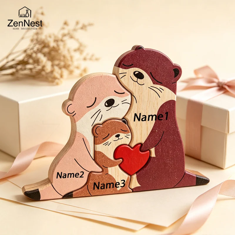 Charming Otter Family Wooden Puzzle Ornament with Red Heart - Perfect for Home or Office Décor and Thoughtful Gift