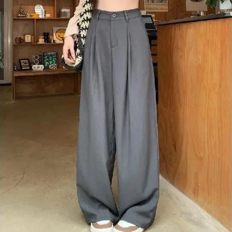 QWEEK Vintage Baggy Gray Suits Pants Woman Oversized Office Ladies Casual Korean Fashion Wide Leg Trousers High Waist Summer