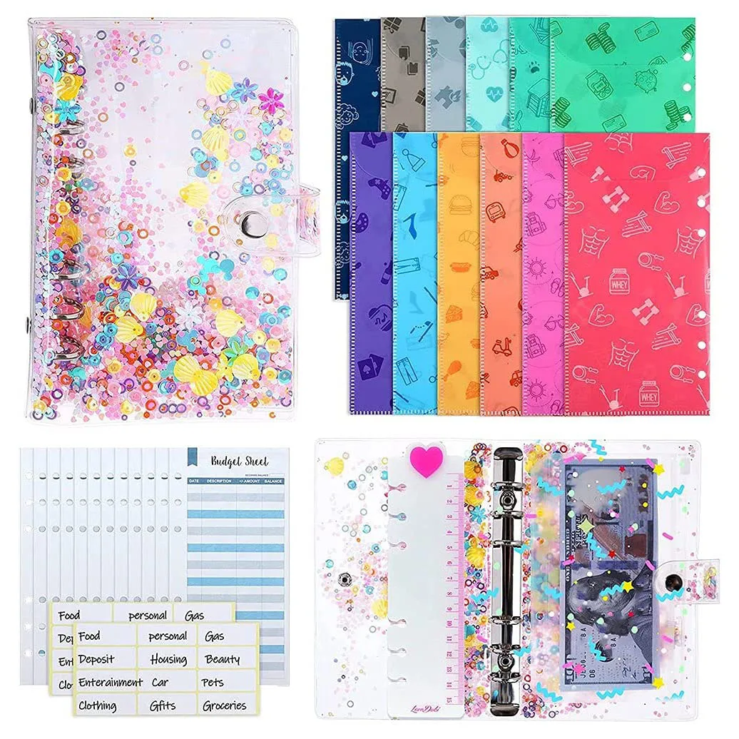 29 Pieces A6 PVC Glitter Budget Binder Organizer with Cash Envelopes,Budget  Sheets ,Label Sticker for Home School Bill Planner