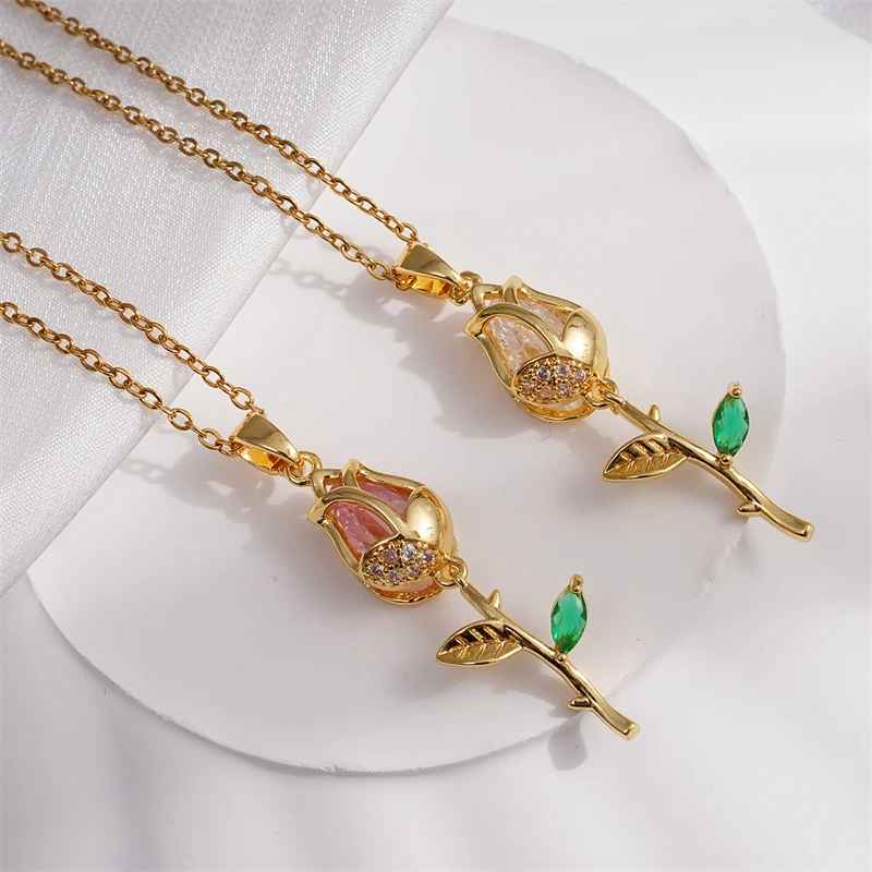 COOLSTEELANDBEYOND Collana Donna Con Ciondolo Tulipano E Zirconi – Acciaio Inossidabile, Catena Regolabile 45-50 Cm, Gioiello Elegante
