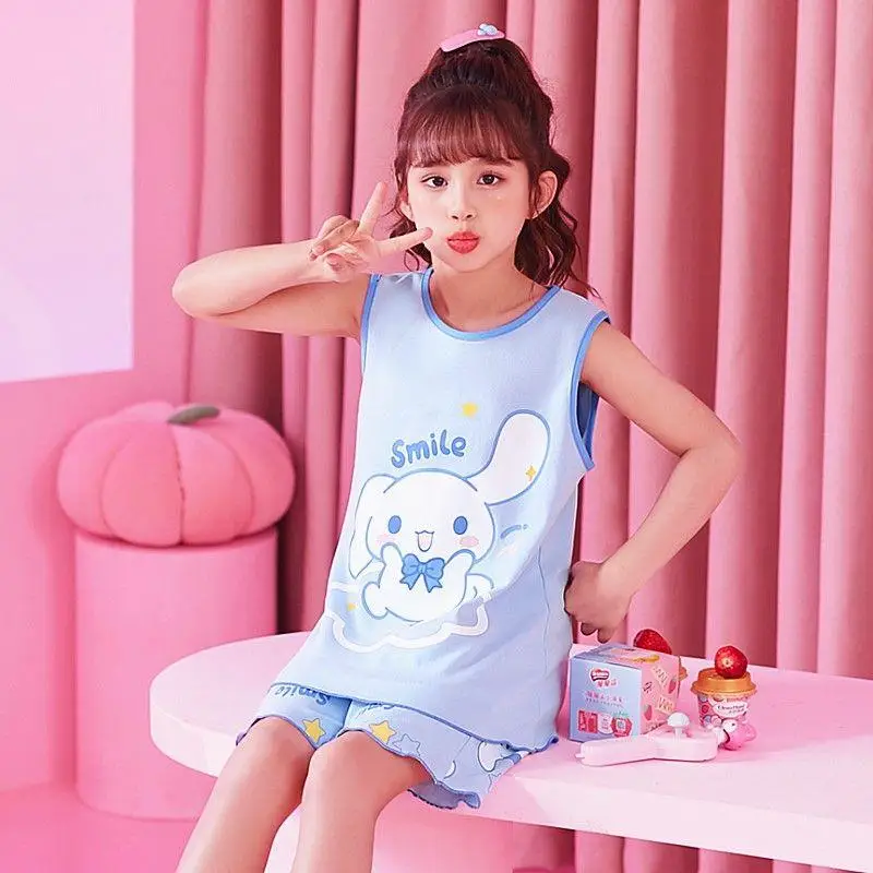 

Милый детский костюм Sanrios Hellokitty с короткими рукавами, домашняя одежда из мультфильма Cinnamoroll Kuromi, летний крутой пижамный комплект, подарок для девочки