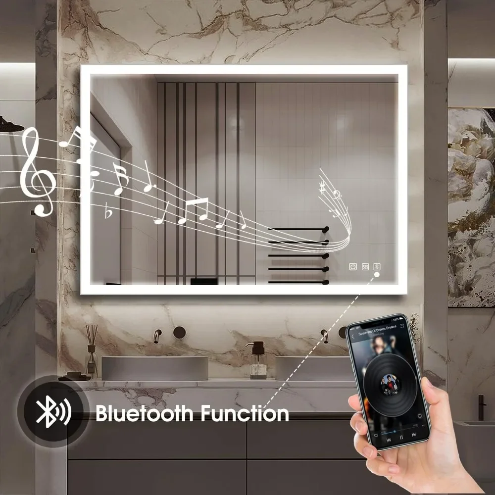 48&rsquo;&rsquo; x 28&rsquo;&rsquo; LED-Bathroom-Mirror-with-Frame, Bluetooth-Speakers, 3 Color Temperatures, Touch-Sensors, Dimmable Brightness