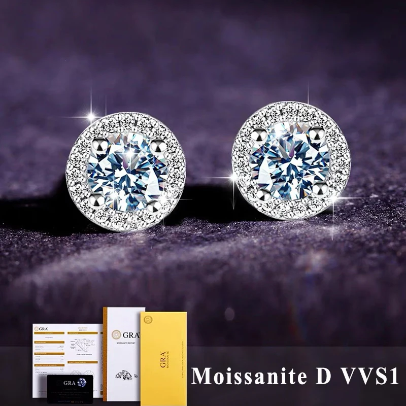 Silver Stud Earrings 1CT Real Moissanite Studs Earrings Pass Diamond tester 925 Silver Platinum Plated Zircon Bride Wedding Gemstone Earrings