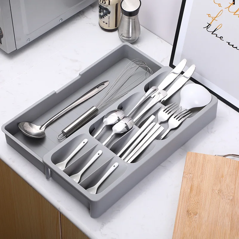 Cutlery Storage Box Kitchen Drawer Retractable Plastic Tray Utensils Organizer Knife Fork Spoon Divider Container Storage Boxs storage box cutlery organizer rotating storage organizer flatware organizer silverware organizer