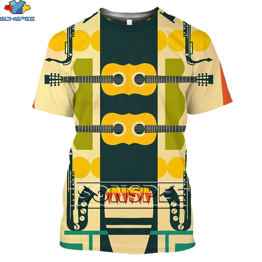 

SONSPEE 3D Saxophone Guitar Instrument Men's T-Shirt Casual O-Neck Short Sleeve T-shirts Street Trend Art Pattern Oversized Tee