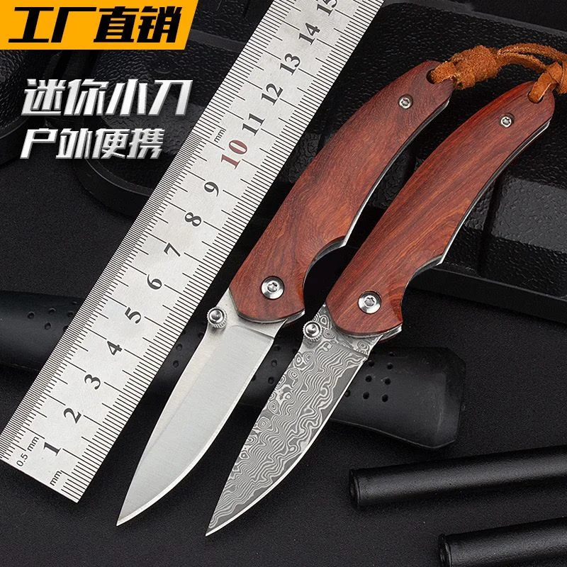 

Damascus Steel Blade Wooden Handle Folding Knife Mini Camping Tool Outdoor Survival Knives Utility Ball Bearing EDC Pocket Knife
