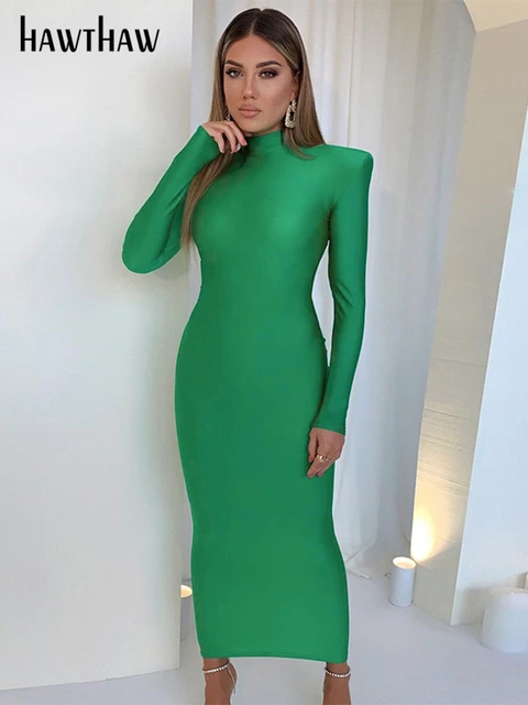 Vestido largo de manga larga con cuello redondo para mujer, vestido de  fiesta de manga larga, color verde, otoño e invierno, 2023 - AliExpress