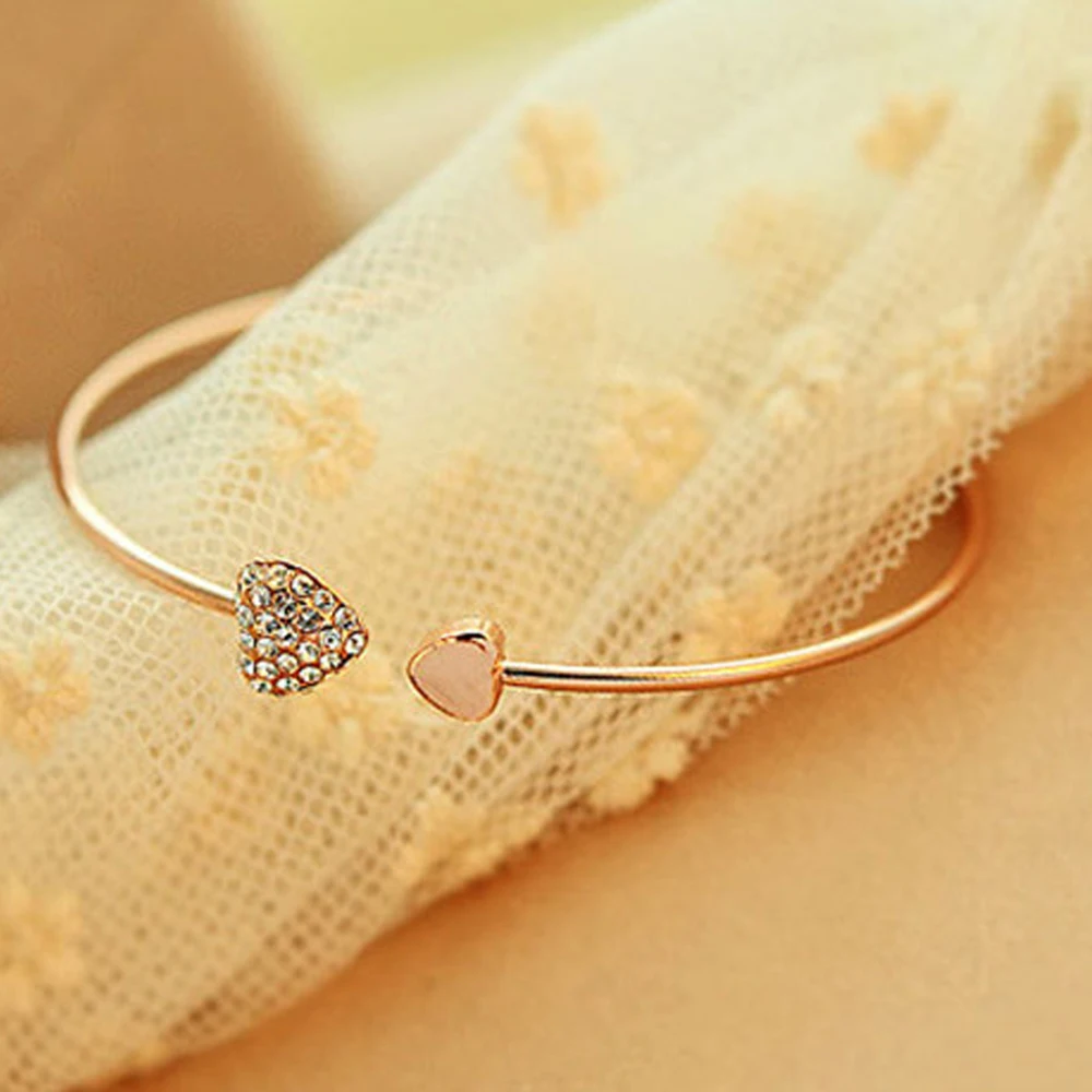 Bracelet Jewelry Fashion Adjustable Crystal Double Heart Bow Bilezik Cuff Opening Bracelet For Women Jewelry Gift Mujer Pulseras