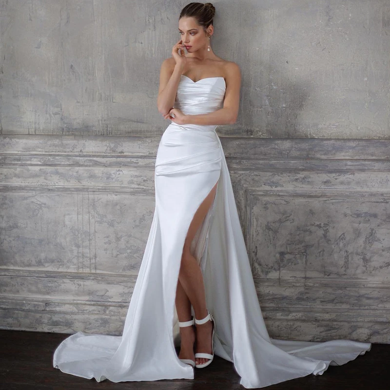 

Eightree White Mermaid Wedding Dresses Formal Sweetheart Satin Evening Dress Boho Beach High Split Wedding Prom Gowns Plus Size