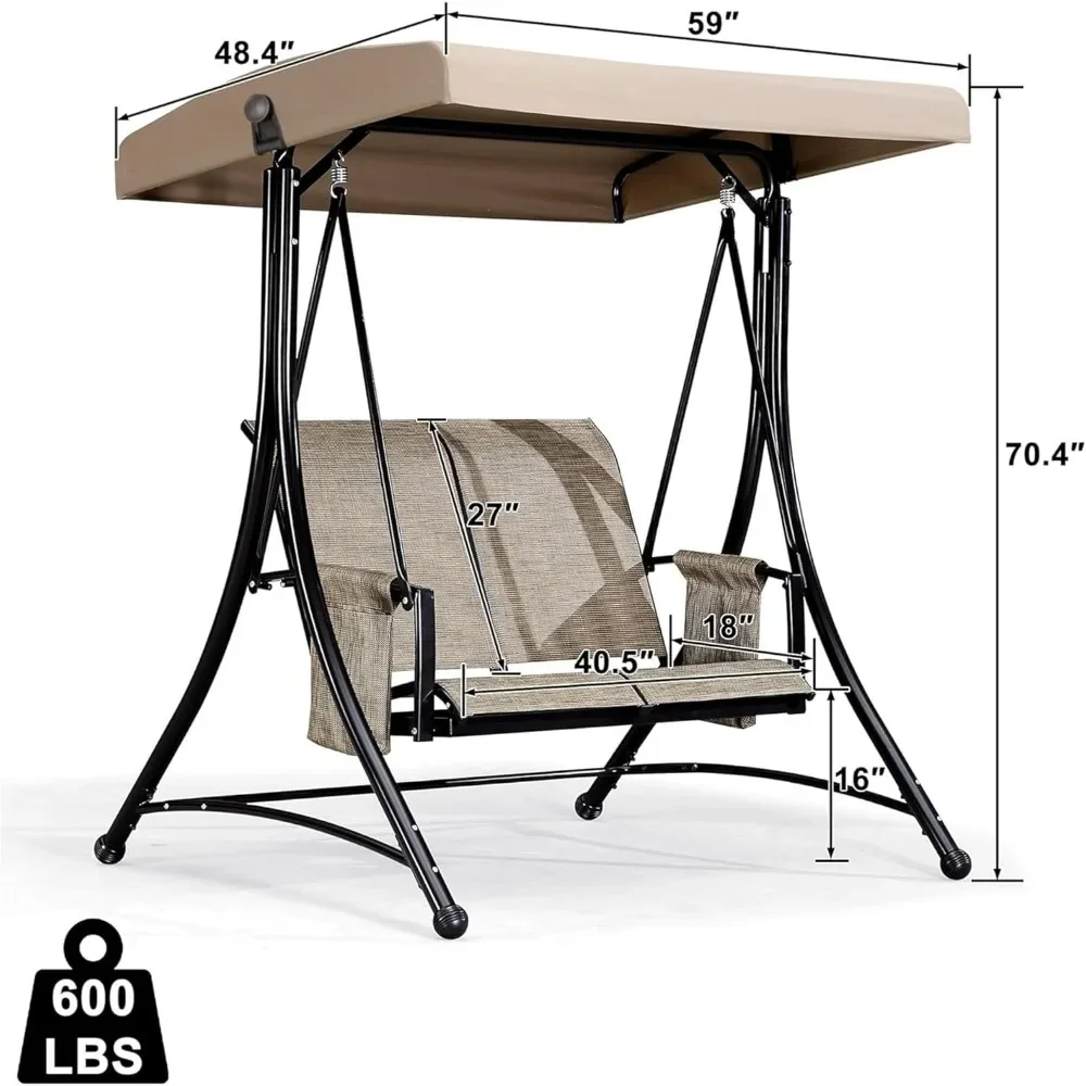 2-Seat Deluxe Outdoor Patio Porch Swing with Weather Resistant Steel Frame, Adjustable Tilt Canopy 3